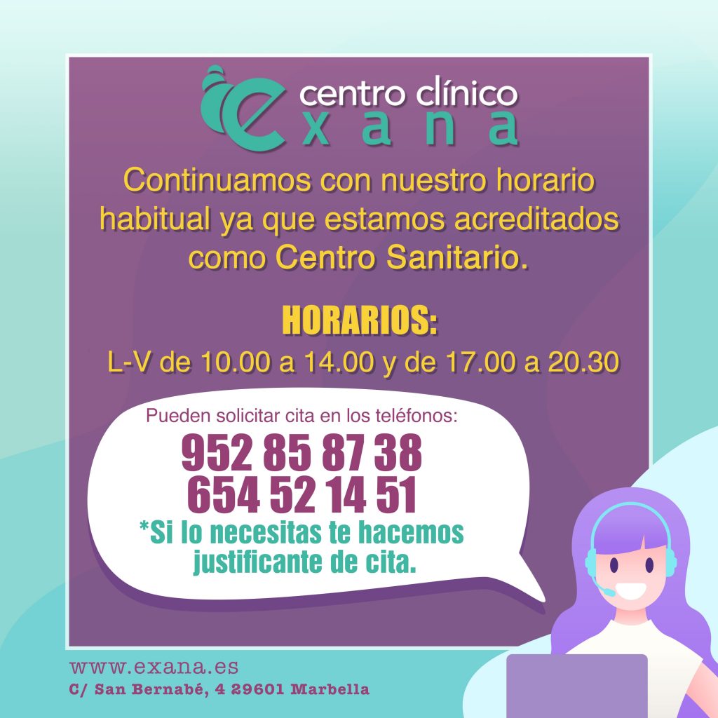 Exana Centro Clínico continuamos con nuestro horario habitual ya que estamos acreditados como Centro Sanitario. Si lo necesitas te hacemos justificante de cita.